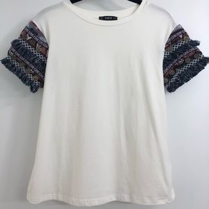 Shein White T-shirt With Fringe Sleeves
